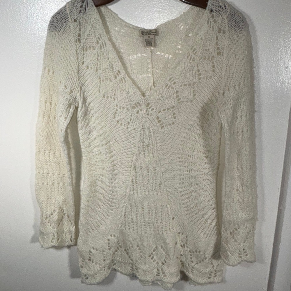Lucky‎ Brand Crochet Knit Sweater Womens XS Ivory Alpaca Wool Blend Boho V-Neck